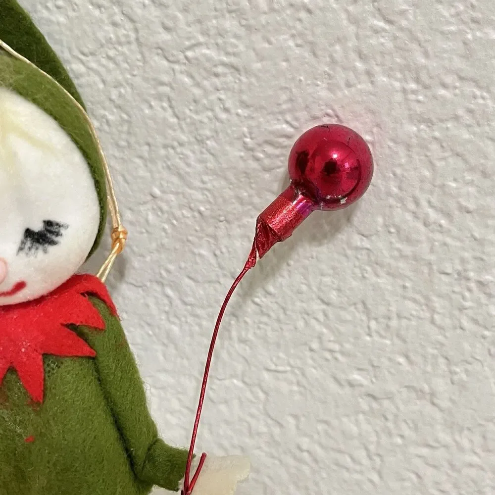 Vintage Flocked Felt Snow Baby Elf Christmas Ornaments Holding Balloons Lot of 2